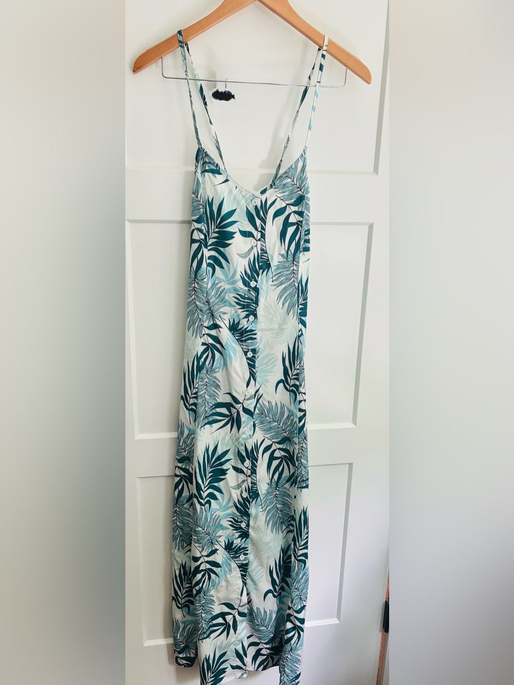 Tropical Leaf Print Slip Dress in Teal & White resortwear beach